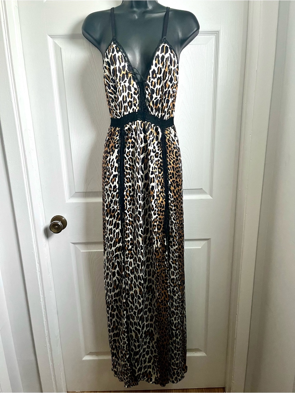 Vintage 70’ Darling Lace Slip Dress Leopard Maxi Lingerie Small Women V-Neck
